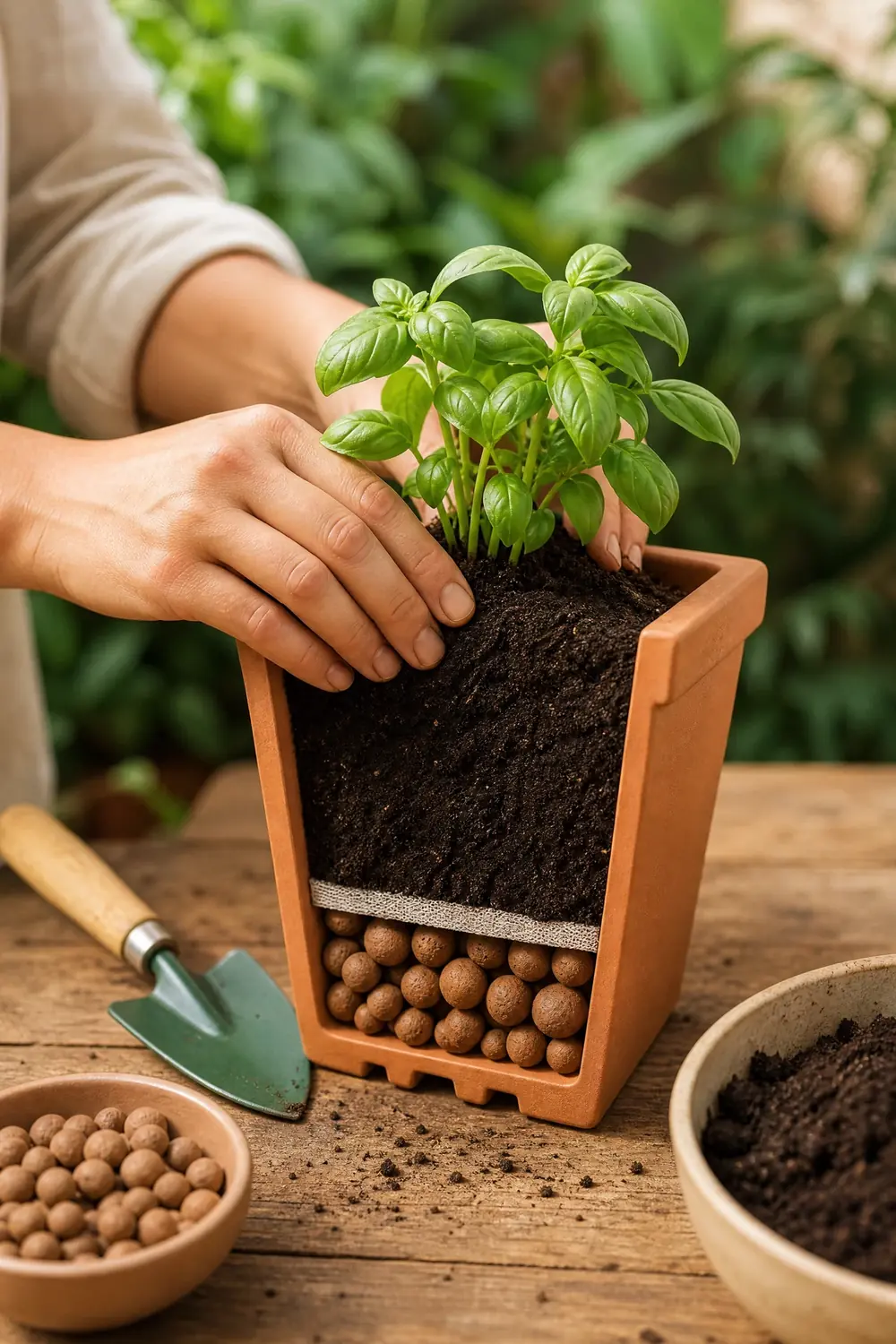 Mãos plantando mudas de temperos em vasos sobre uma bancada